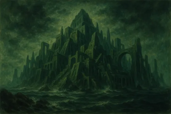 Vue sombre de la cité engloutie de R’lyeh dans l’univers de Lovecraft