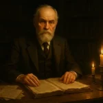 Portrait du docteur Armitage assis à son bureau, entouré de livres et de chandelles.