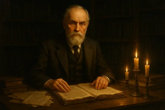 Portrait du docteur Armitage assis à son bureau, entouré de livres et de chandelles.
