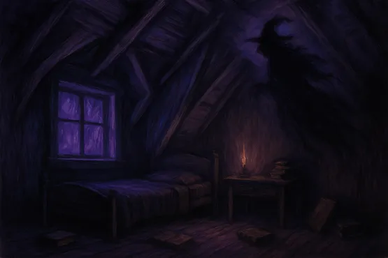 Une chambre sombre sous les combles, éclairée par une bougie, avec une silhouette fantomatique sur le mur.