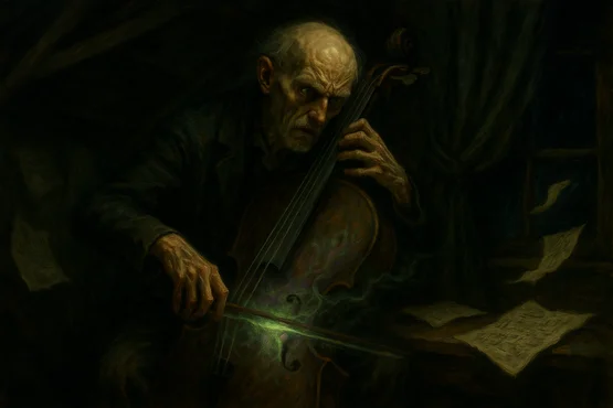 Vieil homme concentré jouant du violoncelle, libérant une mélodie mystique et inquiétante.