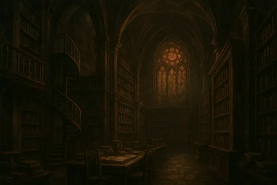 Intérieur sombre de la bibliothèque de Miskatonic, remplie d’étagères et de manuscrits anciens.
