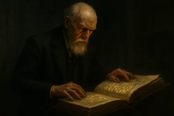 Le docteur Armitage lit un grimoire ésotérique aux symboles lumineux.
