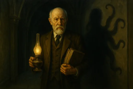 Illustration du docteur Armitage tenant une lampe à huile, une ombre tentaculaire surgissant derrière lui.