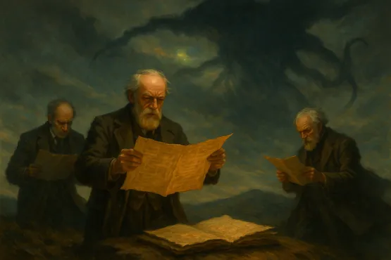 Le docteur Armitage déchiffre des manuscrits anciens, avec une silhouette monstrueuse dans le ciel.