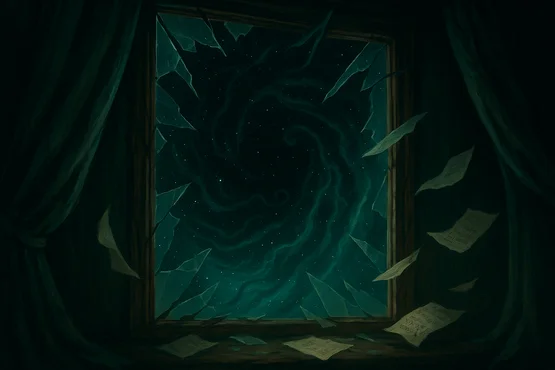 Fenêtre brisée laissant entrevoir un gouffre cosmique tourbillonnant dans la nuit.