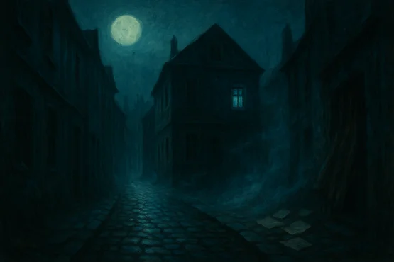 Ruelle sombre éclairée par la lune, avec une fenêtre mystérieusement illuminée.