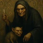 Une vieille sorcière au regard perçant accompagnée d’un rat grotesque, devant un mur couvert de symboles occultes.