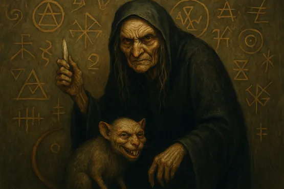 Une vieille sorcière au regard perçant accompagnée d’un rat grotesque, devant un mur couvert de symboles occultes.