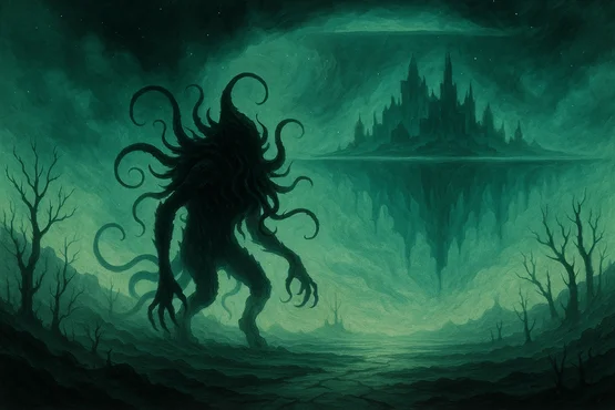 Créature tentaculaire surgissant dans un paysage surnaturel, évoquant l’univers de Lovecraft et Stranger Things.