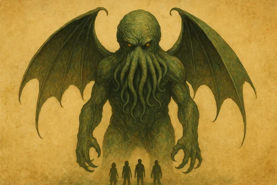 Illustration de Cthulhu, créature lovecraftienne géante, face à des humains, rappelant les monstres de Stranger Things.
