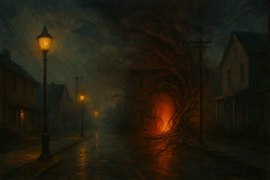 Faille lumineuse dans une ville sombre, symbole de passages dimensionnels entre Stranger Things et l’univers lovecraftien.