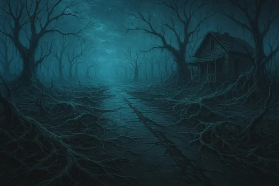 Maison isolée dans une forêt sombre et inquiétante, typique des ambiances de Stranger Things et Lovecraft.