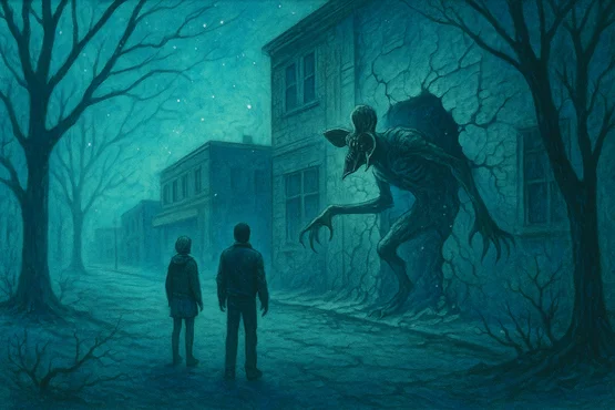 Monstre humanoïde effrayant sortant d’un mur face à deux témoins, rappelant le bestiaire de Stranger Things.