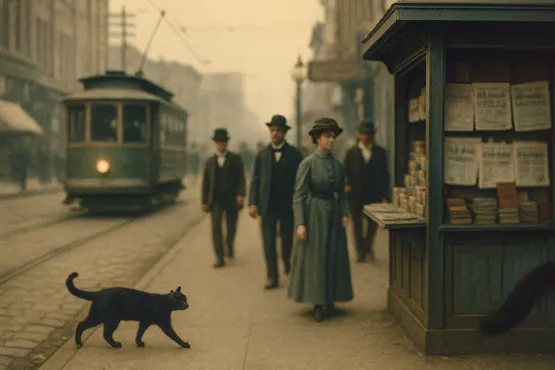 Rue américaine avec tramway, passants en habits anciens et chat noir traversant au premier plan.