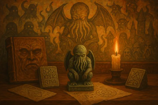 Table remplie d’artefacts lovecraftiens avec fresque murale représentant Cthulhu et d’autres Grands Anciens