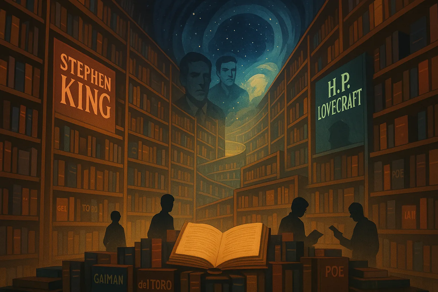 Bibliothèque cosmique avec des références à Lovecraft, King, Gaiman et Del Toro