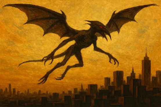 Créature ailée survolant une ville moderne au crépuscule