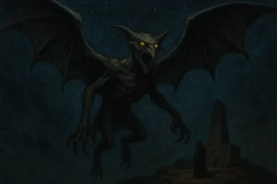 Créature nocturne surgissant devant un autel et un cultiste dans la nuit