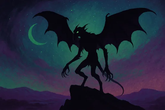 Créature cosmique dressée sur une montagne sous un ciel étoilé