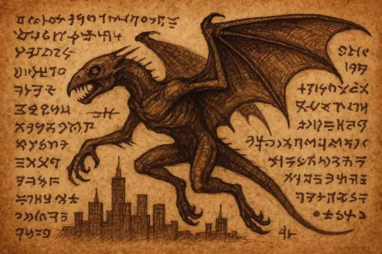 Illustration ésotérique d’un Byakhee sur parchemin ancien avec des glyphes mystiques