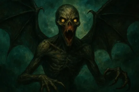 Vue rapprochée d’un Byakhee hurlant, ailes déployées dans l’obscurité