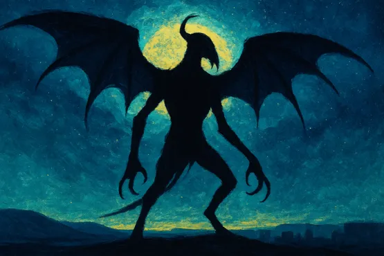 Silhouette ailée d'un Byakhee se découpant sur la pleine lune