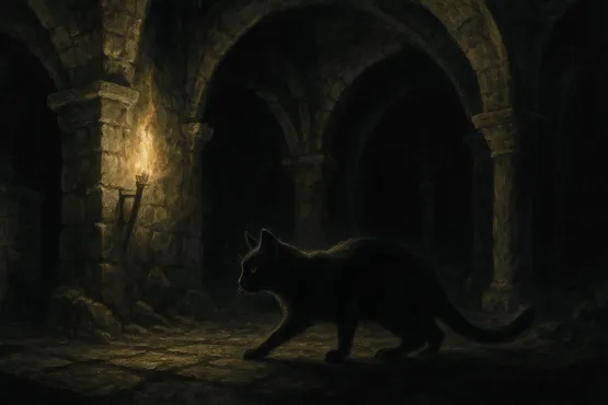 Chat noir aux aguets dans les galeries souterraines d’Exham Priory éclairées par une torche.