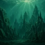 Vestiges immergés de la mystérieuse ville de R’lyeh baignés de lumière