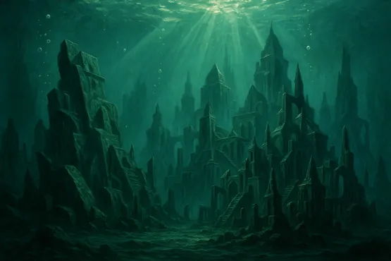 Vestiges immergés de la mystérieuse ville de R’lyeh baignés de lumière