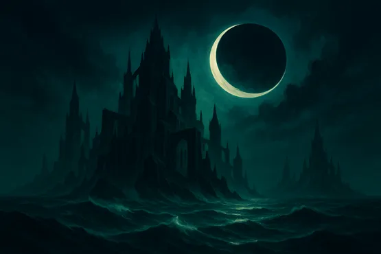 Une cité noire s’élève au bord des flots sous une éclipse lunaire inquiétante