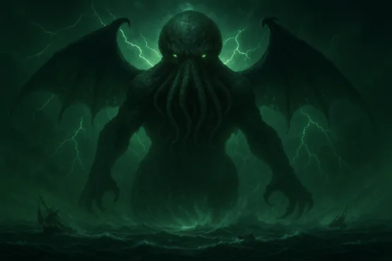Illustration du dieu Cthulhu dominant une mer déchaînée sous des éclairs verdâtres
