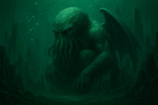 Illustration de Cthulhu assoupi dans la cité engloutie de R’lyeh, lié à l’incantation Ph’nglui mglw’nafh.