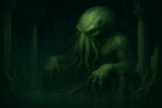 Représentation de Cthulhu trônant dans une salle antique immergée