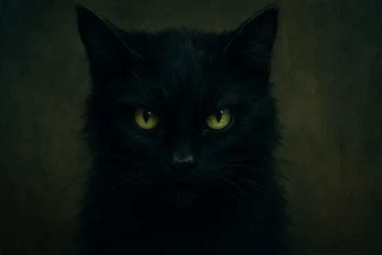 Portrait rapproché d’un chat noir aux yeux jaunes perçants sur fond sombre et texturé.