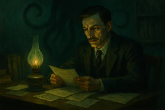 Homme lisant un texte ancien à la lueur d’une lampe, avec l’ombre de Cthulhu dans le fond