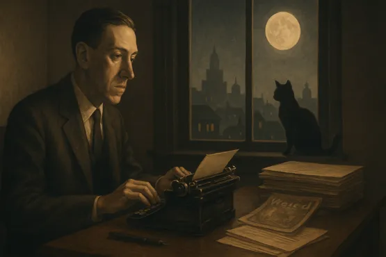 Lovecraft écrivant à son bureau de nuit, un chat noir sur le rebord de la fenêtre avec la ville en arrière-plan.