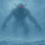 Silhouette d’Ithaqua aux yeux rouges perçant le blizzard, figure du Wendigo dans l’univers lovecraftien.