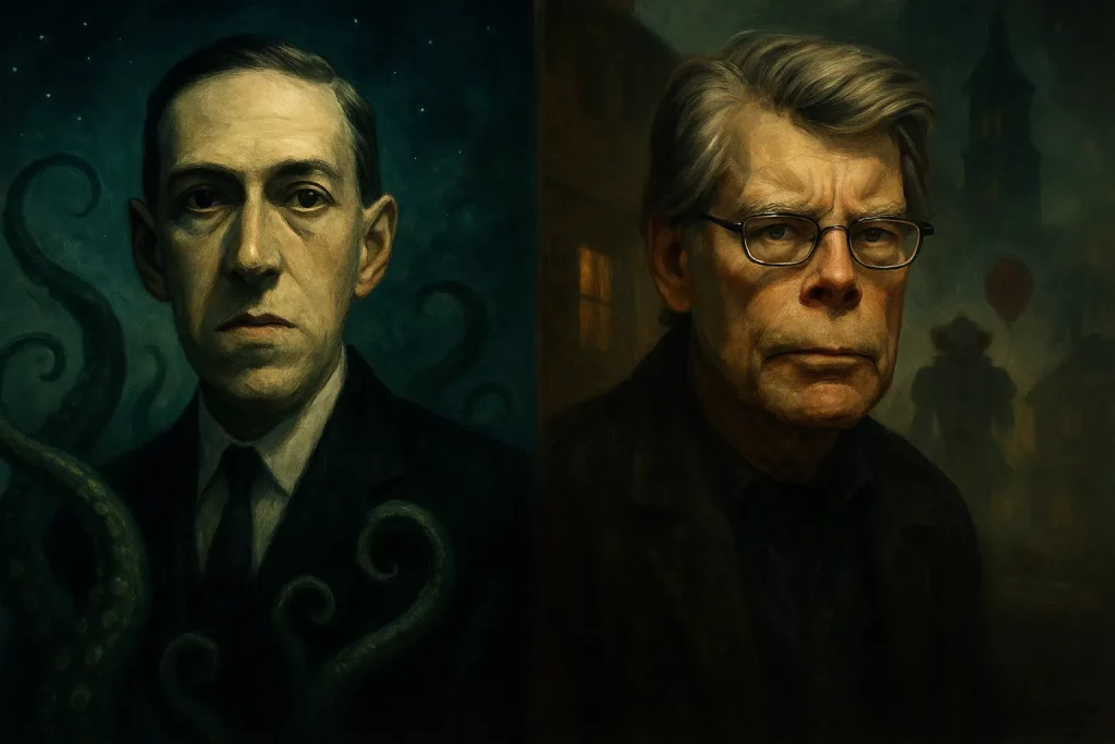 Portrait en diptyque de Lovecraft et Stephen King avec ambiance brumeuse et surnaturelle