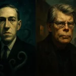 Portrait en diptyque de Lovecraft et Stephen King avec ambiance brumeuse et surnaturelle