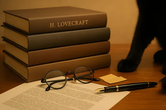 Livres empilés de Lovecraft, documents floutés, lunettes et patte de chat noir sur une table.