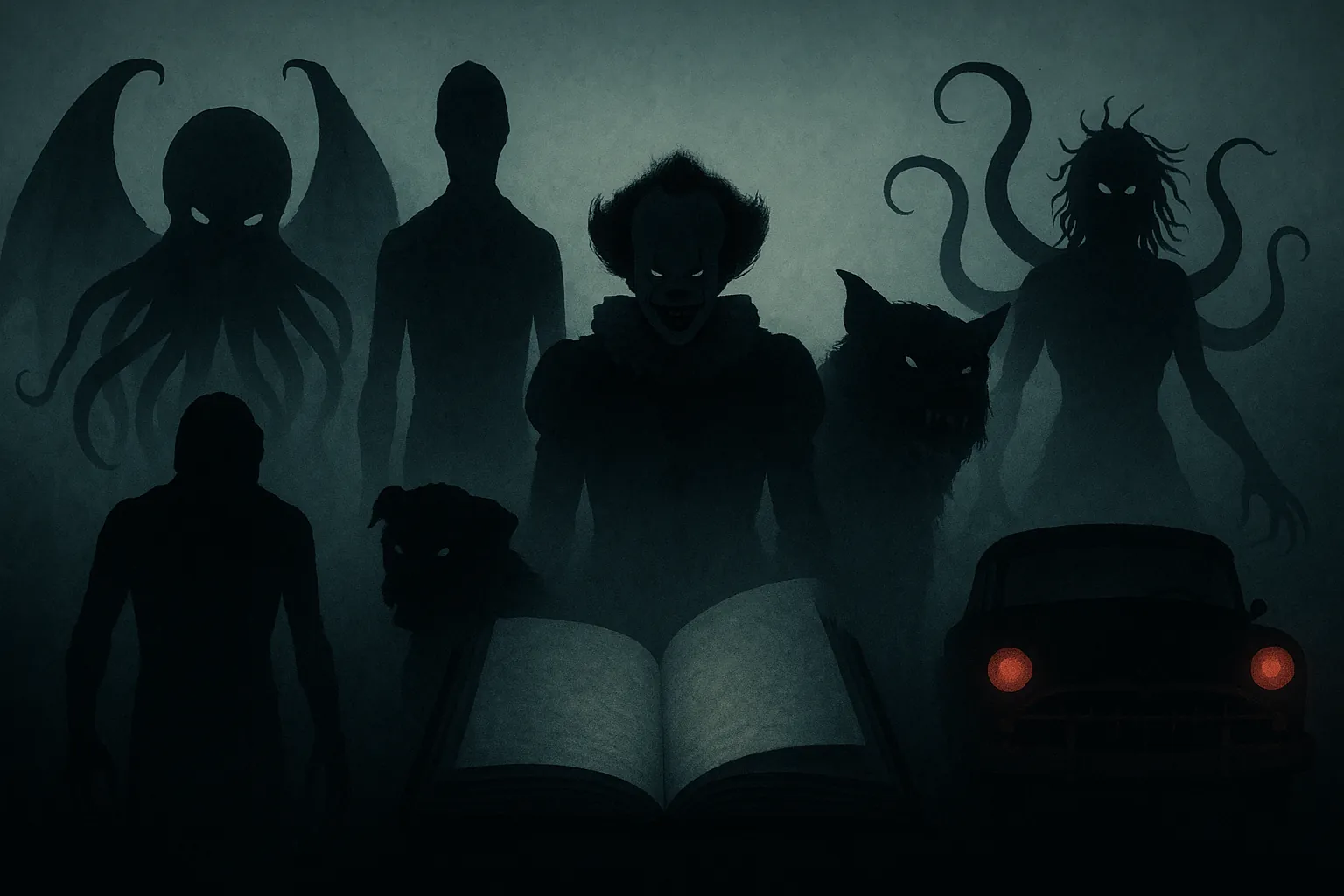 Silhouettes monstrueuses de Lovecraft et King dans une ombre commune