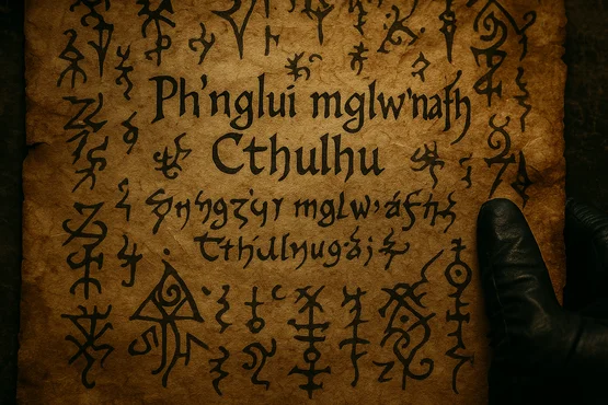 Ancien parchemin avec l’incantation Ph’nglui mglw’nafh Cthulhu, symbole des cultes lovecraftiens.