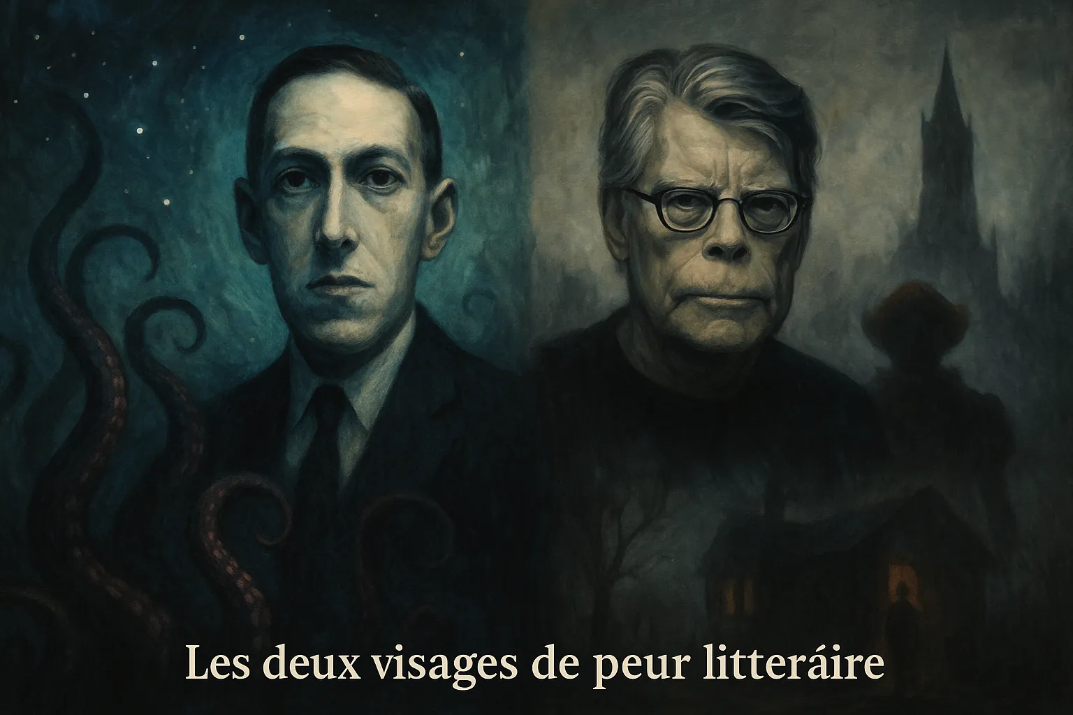 Livre ancien ouvert dans une bibliothèque sombre, Lovecraft et King en arrière-plan