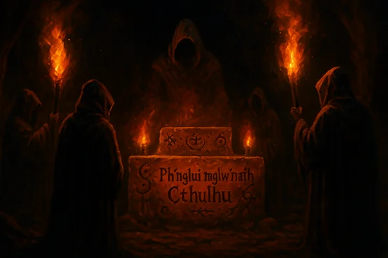 Culte occulte récitant Ph’nglui mglw’nafh Cthulhu devant un autel enflammé.