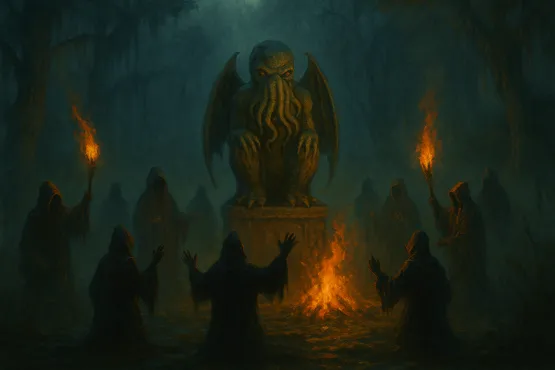 Groupe de cultistes en cercle autour d’une statue de Cthulhu, au cœur d’une forêt brumeuse