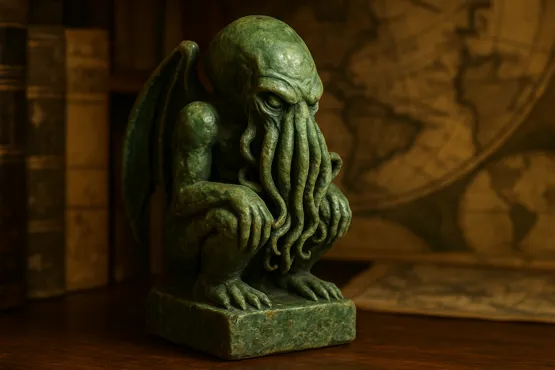 Idole verte et usée représentant Cthulhu, posée sur une étagère en bois parmi des livres anciens