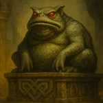 Statue ancienne de Tsathoggua au regard rougeoyant, symbole du Mythe de Cthulhu