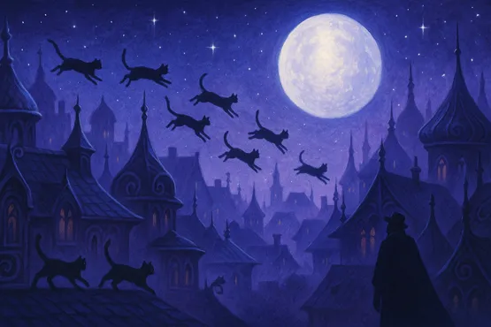 Chats noirs bondissant sur les toits d’Ulthar sous une pleine lune, observés par Randolph Carter.