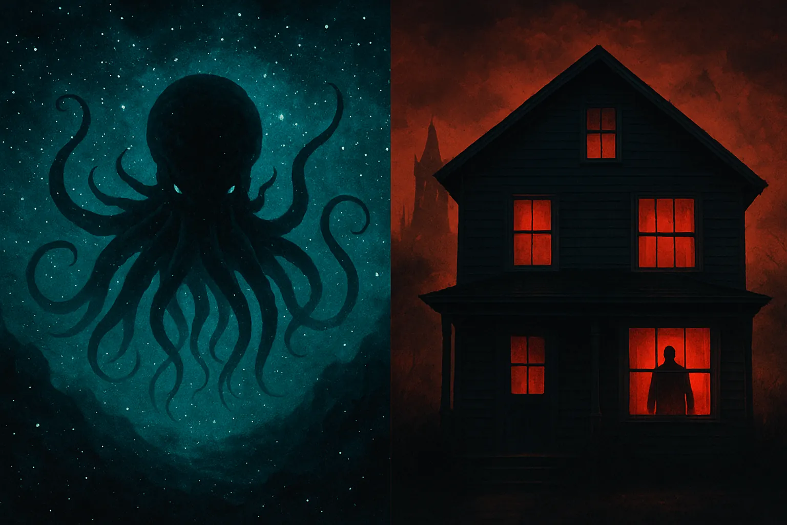 À gauche une créature tentaculaire dans l’espace, à droite une maison inquiétante aux fenêtres rouges